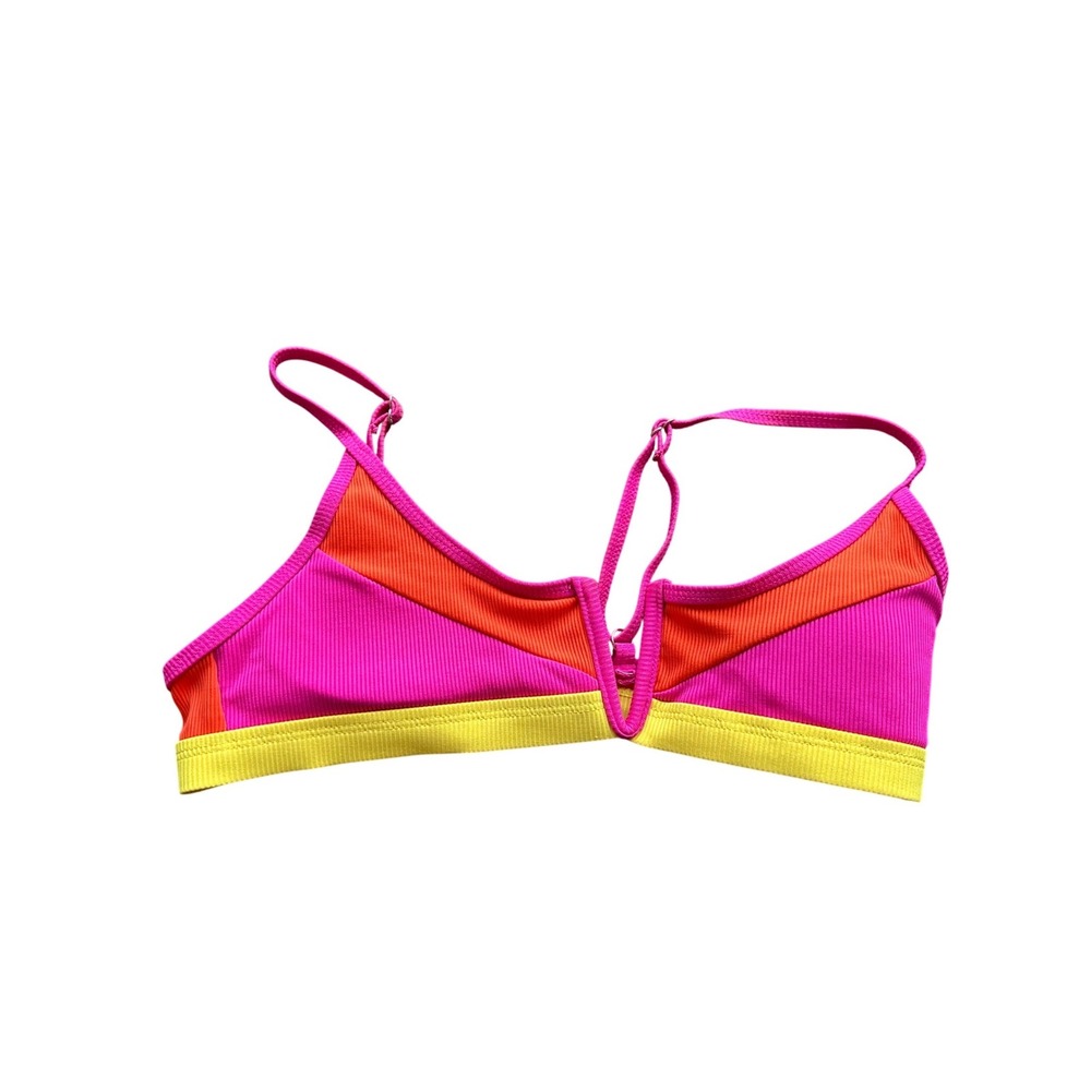 Colorblock Ribbed V-Notch Bikini Top Pink Orange Yellow Small